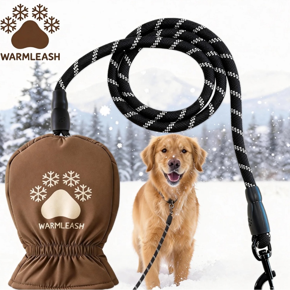 Brown Insulated Dog Leash with Hand Warmer Pouch